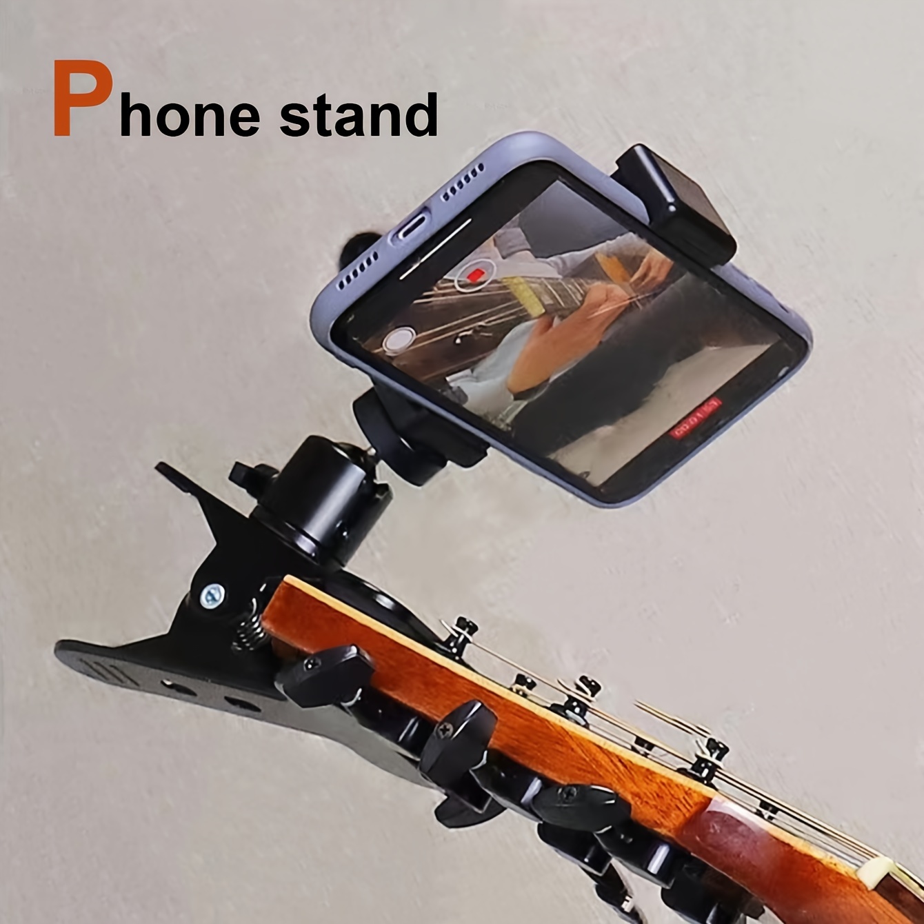 Alloy Guitar Cell Phone Clip, Black Uncharged Mobile Phone Bracket for Live Streaming, Ukulele, Piano, Video Recording - Musical Instrument Selfie Holder