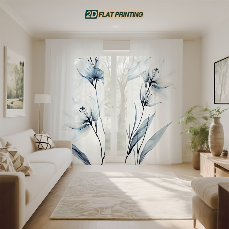 TEMU 2d Flat, 4pcs (includes 2 Sheer Curtains And 2 Curtain Tiebacks) Blue Lily Flowing Shadow Sheer Curtains - Suitable As A Gift, 2d Digital