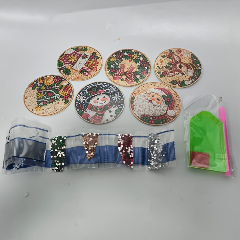TEMU Piatto 2D, Kit da 6 pezzi per pittura diamante e perle fai da te natalizio, Ornamenti in acrilico, con strass, Decorazioni per albero di Natale,