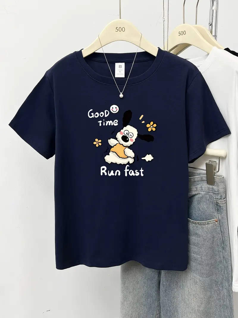 womens 2025 new korean style shoulder t shirt cute cartoon dog floral graphic print light grey round neck short sleeve top for spring summer casual wear spring fashion design machine washable Product details 2