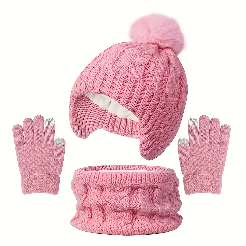 Image of 3pcs ' Set, Winter Plush-lined Thickened Hat, Scarf, And Gloves Set, Christmas, Halloween, Thanksgiving Gift, Girls' Glove Set, Warm Ear-protection Hat, Winter Boys' Hat, Suitable 4-8