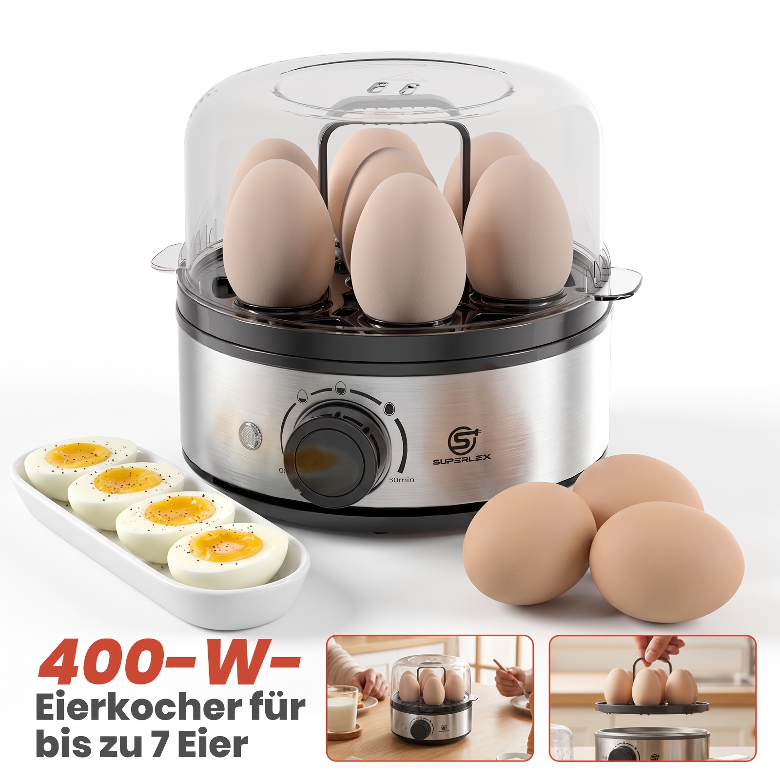 Image of Superlex Electric Egg Cooker 400w, 7-egg Capacity Steamer, Measuring Cup And Alert, 3 Hardness Levels, Anti-scalding Handle, Non-slip Feet, Detachable Tray, Easy To Clean