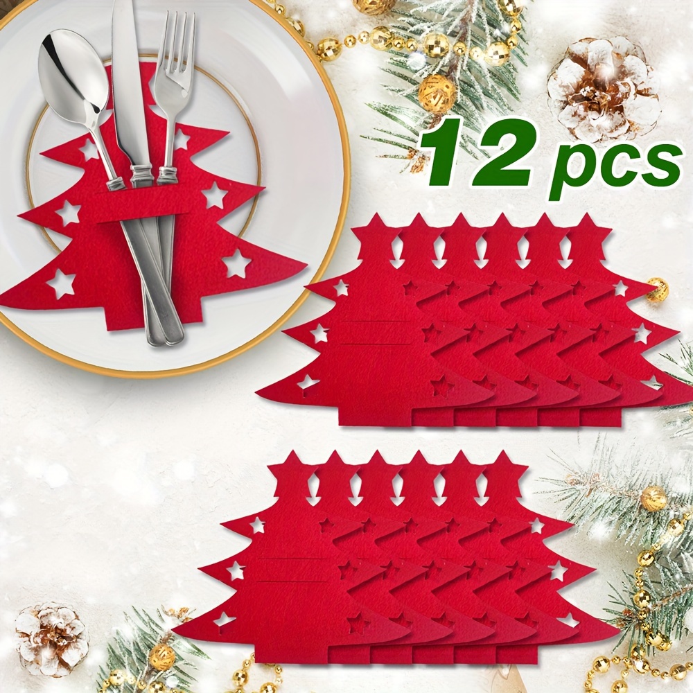 

12pcs Christmas Tree Felt Knife And Fork Set, - Classic Christmas Theme Design, Tableware Pockets For Holiday Dining & Party Decor,