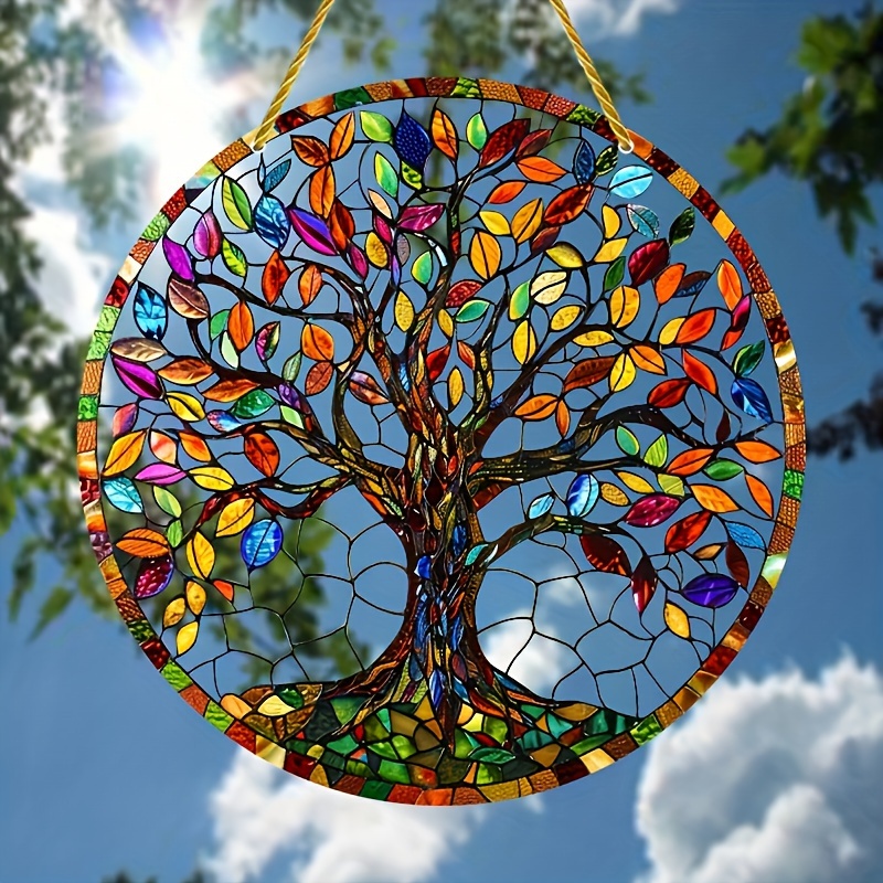 

Acrylic Tree Of Life Sun Catcher - Hanging Outdoor Decoration, Weather-resistant Non-electric Round Wreath Sign, No Feathers, Wall Art For Garden And Home Display (1pc/2pcs)