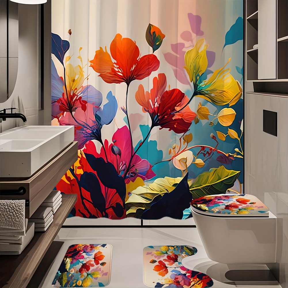 4pcs Flower Pattern Shower Curtain Set Shower Curtain With 12 Hooks, Anti Slip Carpet, Toilet U-shaped Pad, Toilet Lid Pad 71x71 Inches