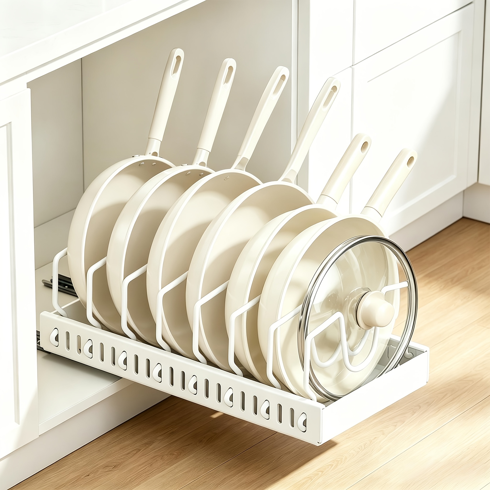 Image of 1pc/ 2pcs Set Pull-out Cookware Organizer Rack, Lid Organizer Rack With 8 Adjustable Dividers, Kitchen Cabinet Organizer, Under Sink Cookware Organizer ()