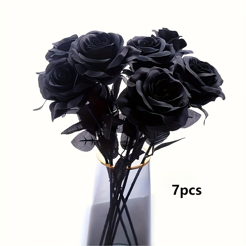 

7pcs Halloween Black Fabric Rose Bouquets - Lifelike Roses For Decor, Diy Parties &