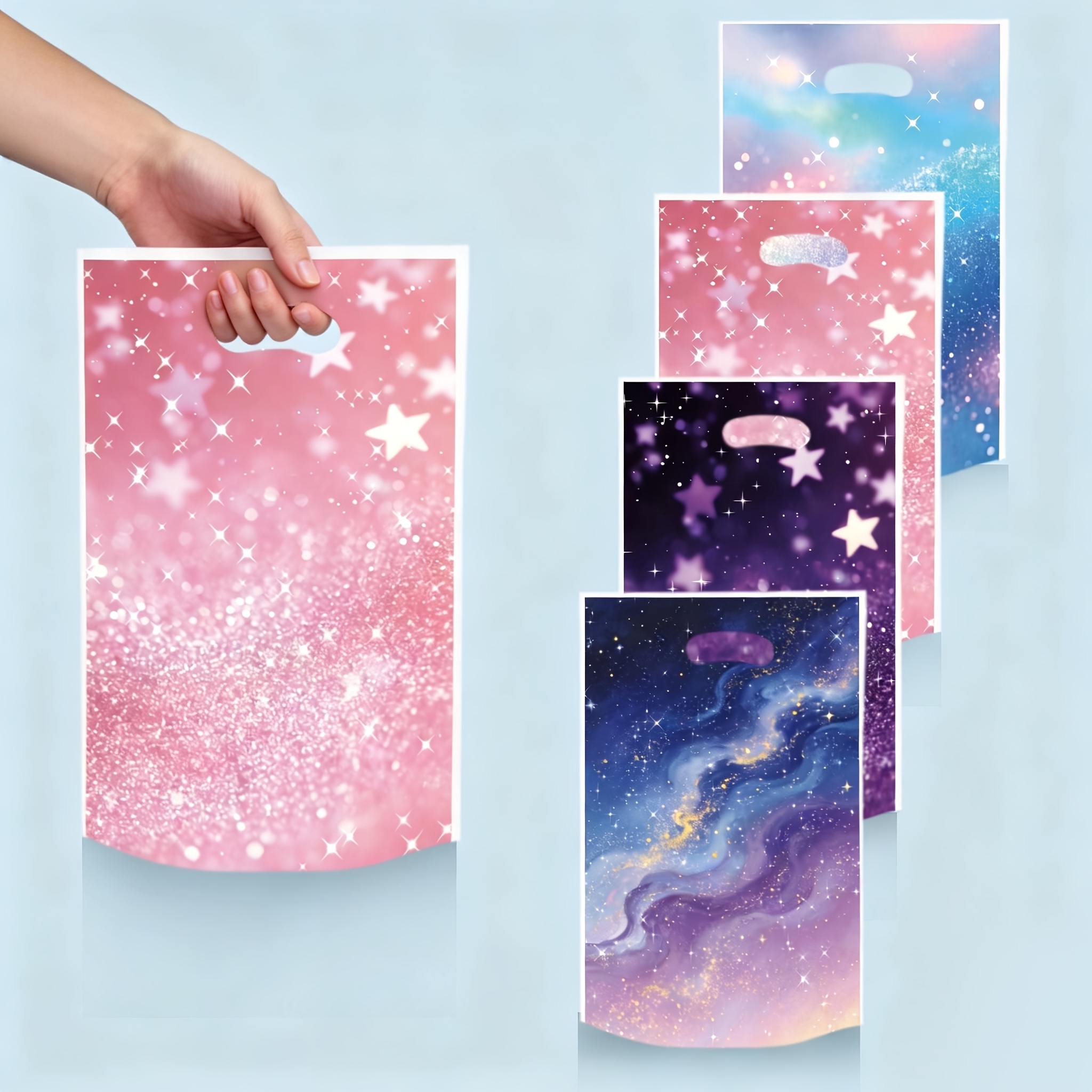 E-shop Geschenk für Sie/Ihn 18/28/-Pack Geschenktüten mit Farbverlauf-Sternenhimmel-Muster, bunte Plastik-Tragetaschen mit Galaxie-Thema, 25*16,5 cm