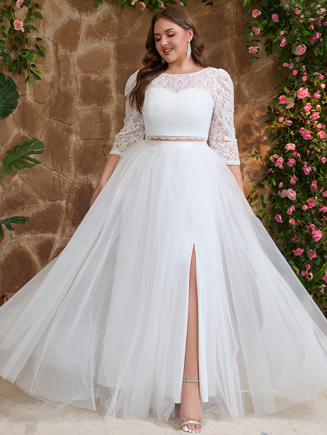 plus size two piece dresses formal Two Piece Plus Size Formal Dresses Rhinestone Coral Wedding Guest Dresses APD3490 main image 1