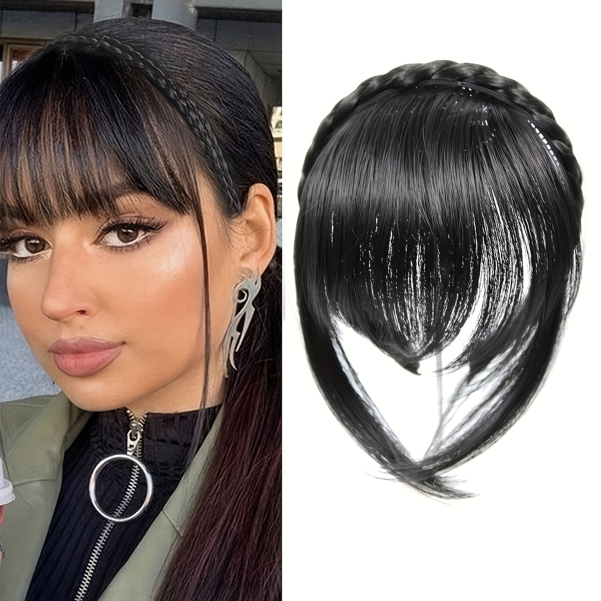 elegant twist braid headband with short straight synthetic hair bangs high temperature fiber versatile hairstyle accessory for women       volume   hair accessories details 2