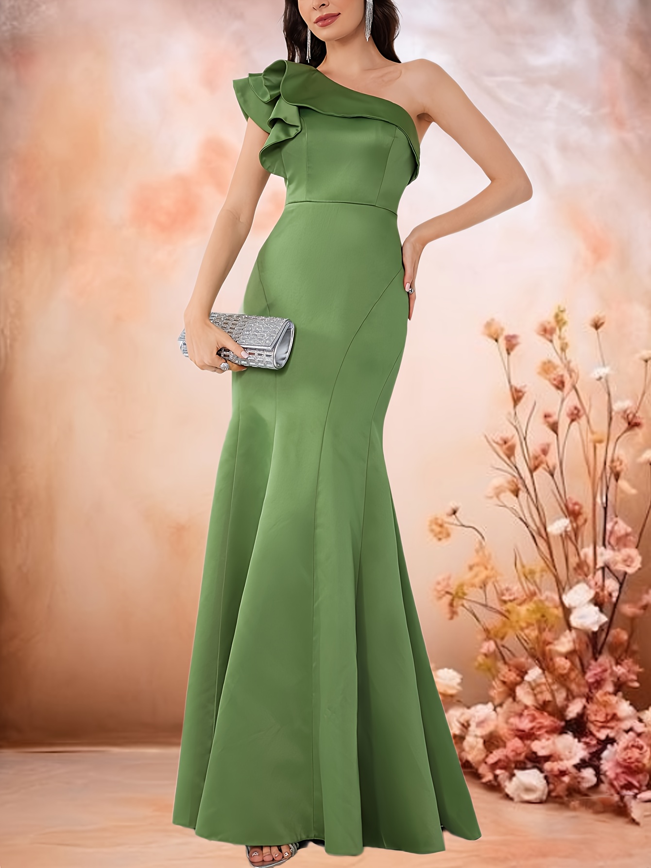 elegant one shoulder ruffle sleeve mermaid gown green Temu