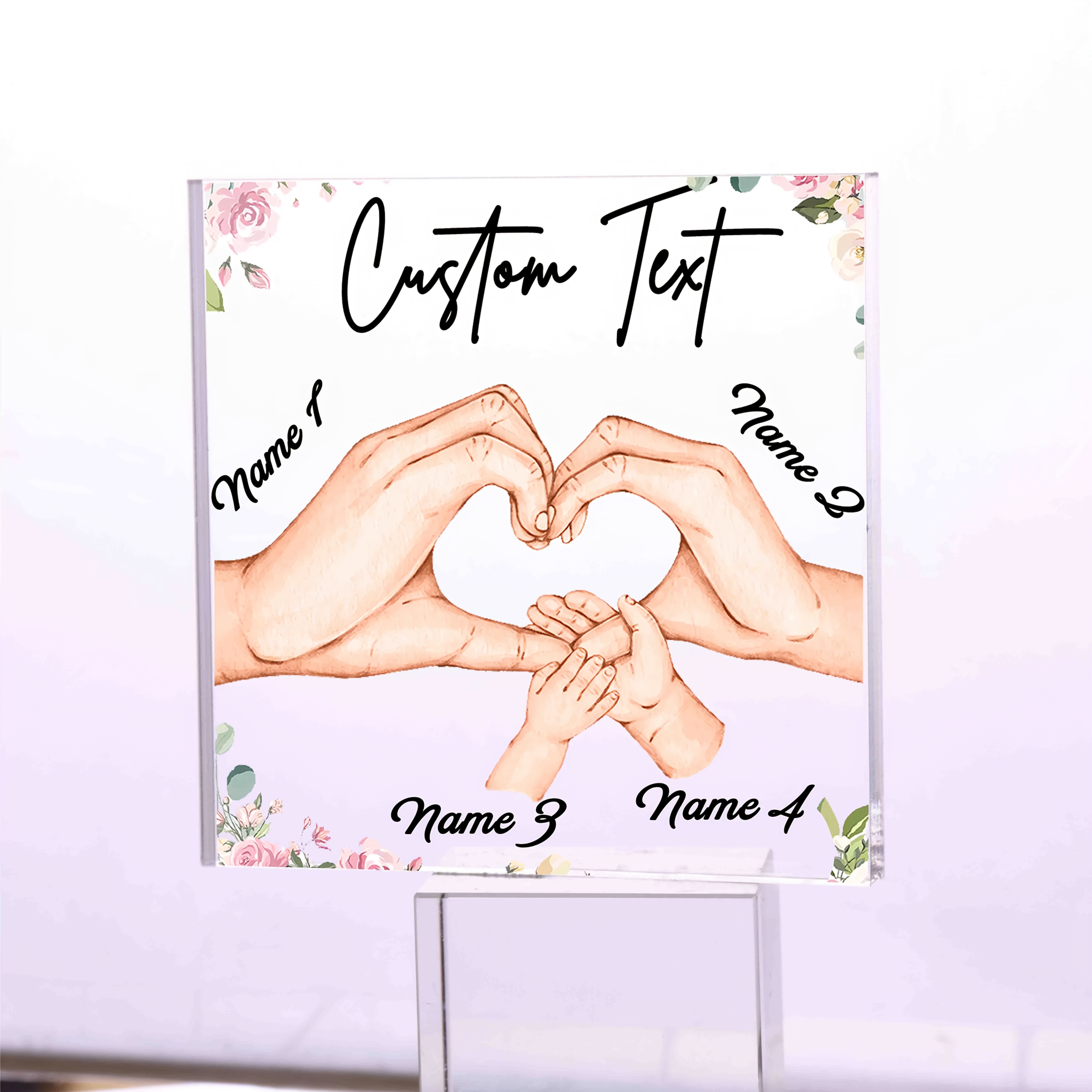 Image of 2d Flat, Personalized Family Acrylic Plaque - Square Hand In With 3-7 Names, Floral Accents & "" Text, Christmas, Thanksgiving, Birthdays, Anniversaries, And Grandparents' Day Gifts, Family Gifts