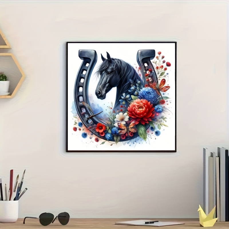 TEMU Un nouveau kit comprenant un cheval et une selle, broderie de florale, kit de peinture de point de croix, broderie à avec fil, tissu de point de