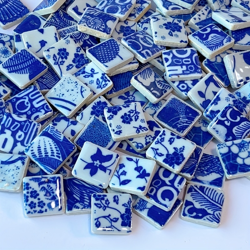 TEMU 200g/7.05oz 2.5 X 2.5 Cm Square Vintage Blue White Qinghua Color-matching Mixed Mosaic Kit, Fusible Glass Supplies Oriental Style Mosaic Pieces.