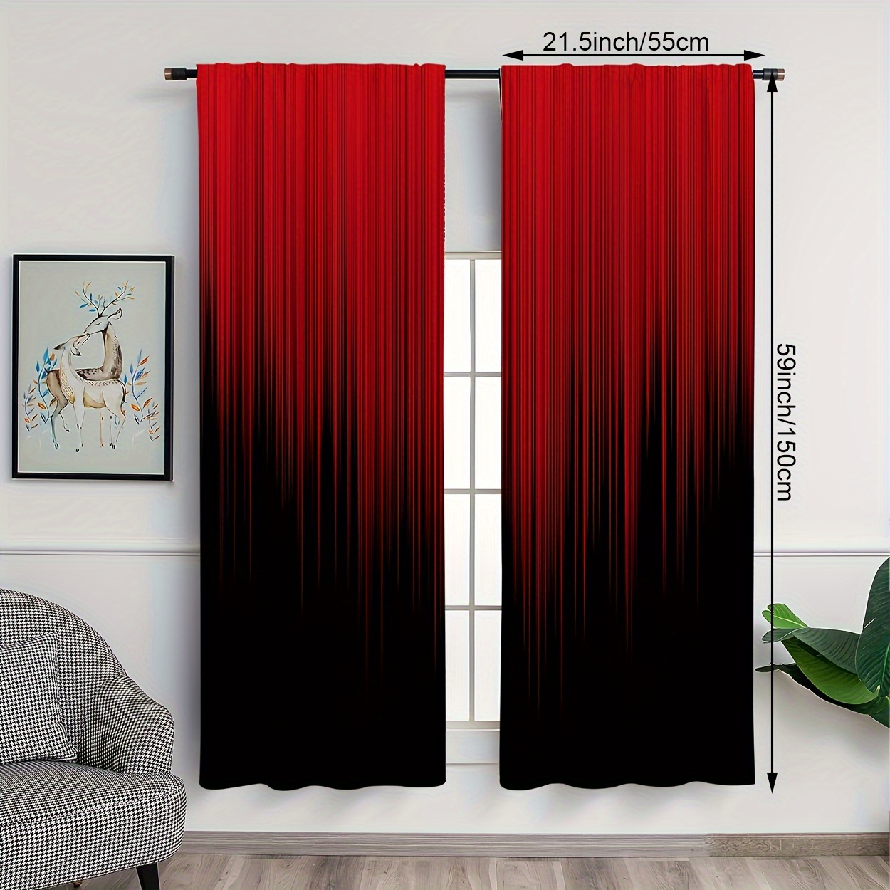 2pcs, Material, Red Black Gradient Striped Design Printed Curtains, For Bedroom, Office, Kitchen, Living Room And Study, Rod Pocket Curtains For Home Decoration And Room Decor, Suitable For Rod