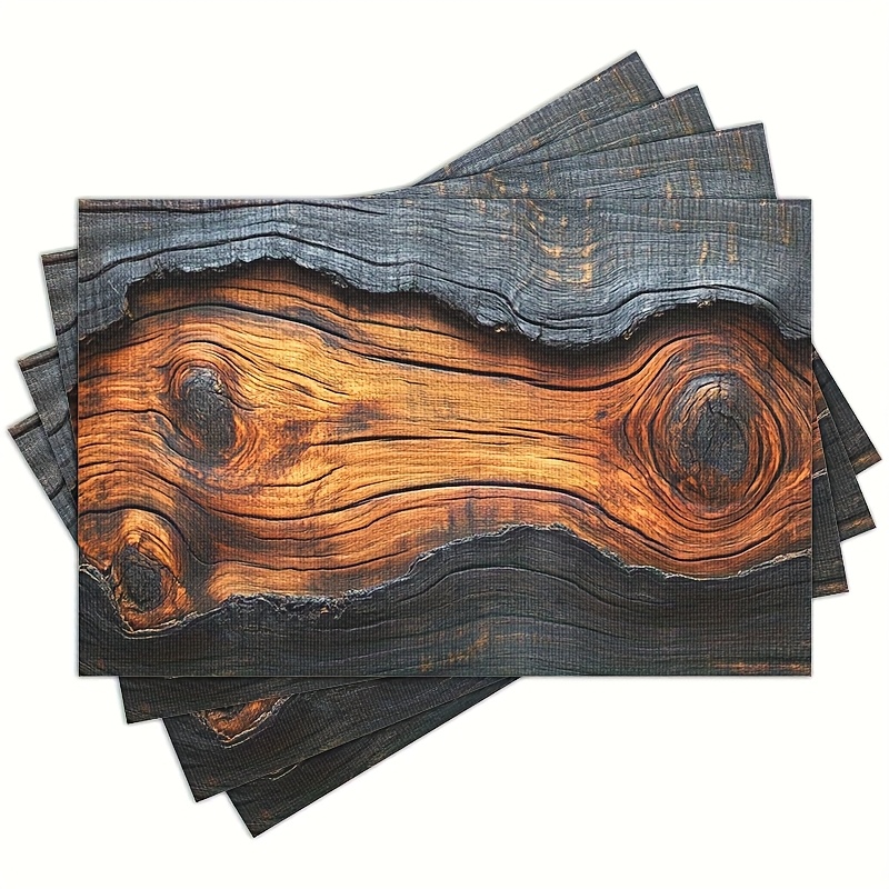 Image of 4pcs, Linen Wood Grain Placemats Rectangular Table Mats For Dining, Kitchen, Parties & Holidays, Hand Wash Only, Decor, Holiday Table Setting | Rustic Tableware 12x18 Inch