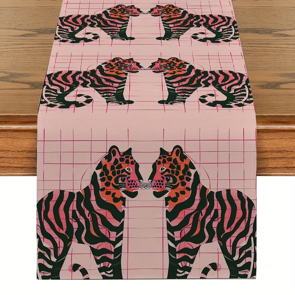 

1pc, Table Runner, Tiger And Plant Pattern Table Runner, Colorful Printed Decorative Table Runner, Room Decor, Dining Table Decor