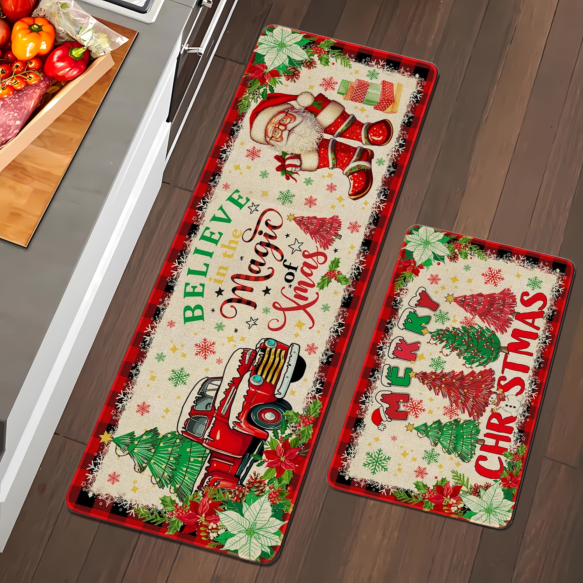 2pcs set christmas themed kitchen floor mats christmas kitchen rugs set of 2 santa claus farmhouse truck red   pattern christmas kitchen decor machine washable great for kitchen home office laundry room bathroom   christmas   flange 0 47 inch floor mat Product details 0
