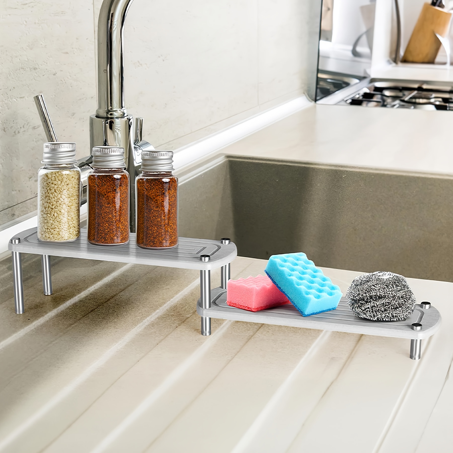 

Instant Dry Sink Caddy Organizer Shelves, 2 Tier Fast Drying Stone Sink Tray For Kitchen Bathroom Sink Counter Organizer, Water Absorbing Drying Stone Tray For Sink