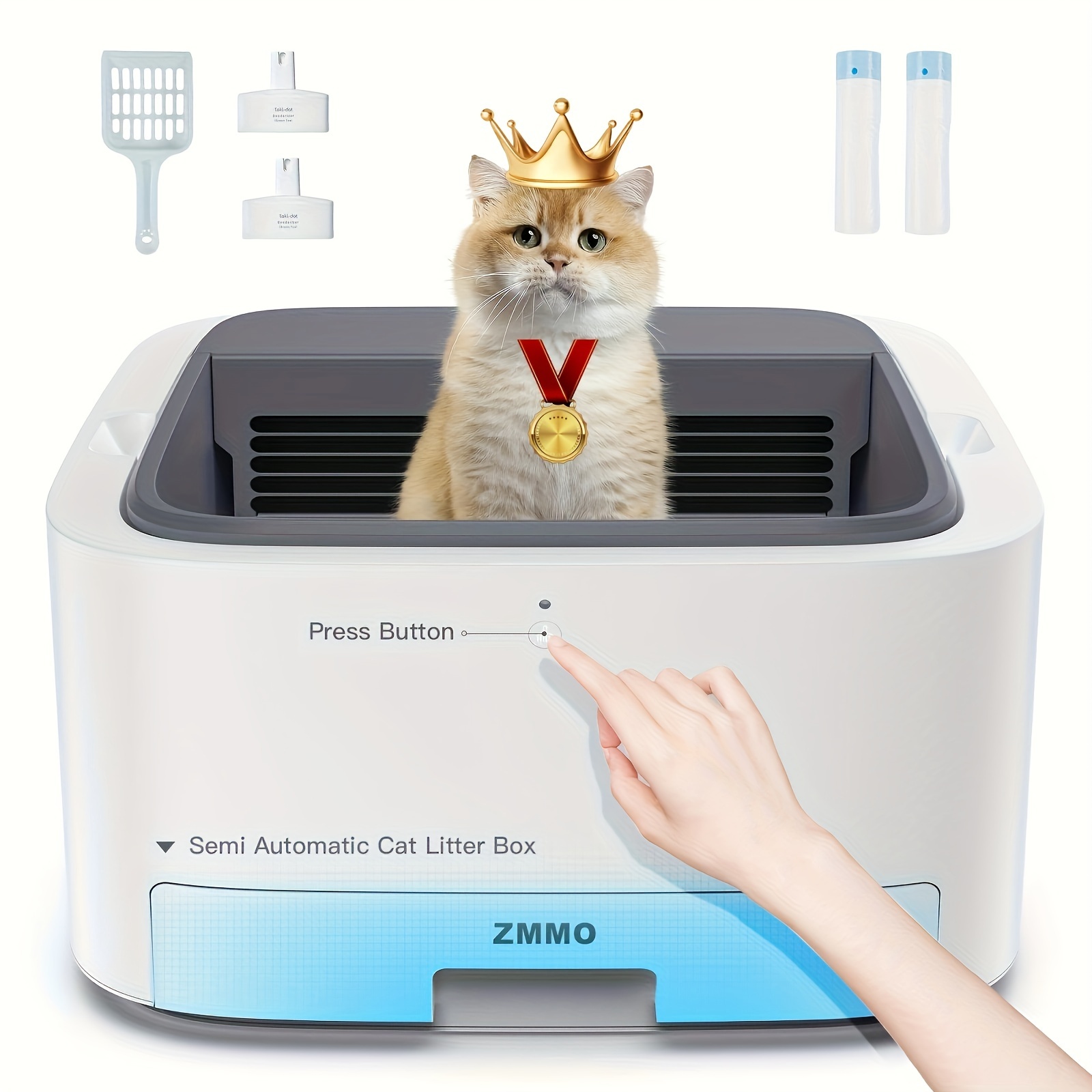 

Semi-automatic Cat Litter Box, 20.47in Smart Odor Eliminating Kitty Litter Pan, 5x Odor Control, Pet-friendly, With Litter Scoop And Waste Bag Dispenser, For Home Use