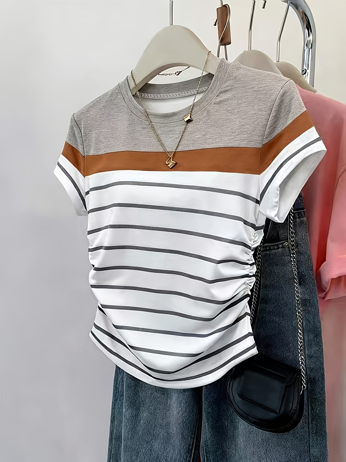   targeted style summer fashion versatile elegant womens t shirt waist cinching multicolor striped color block short sleeve t shirt