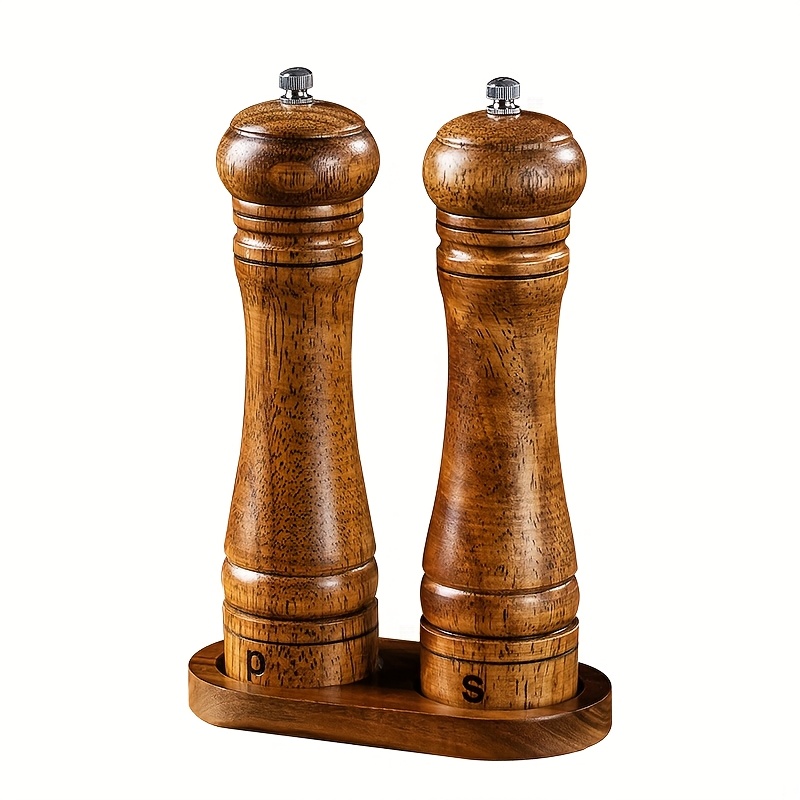 TEMU 2pcs Wooden Pepper Grinder Set With Base - Manual For Bbq, Picnic, Camping | Pepper & Sea Salt Grinders Reusable Kitchen Gadgets & Perfect