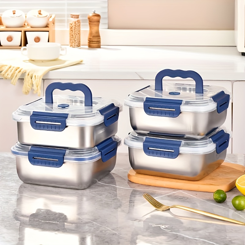 TEMU Set Of 4 Stainless Steel Storage Containers Featuring A Blue Lid, With A Capacity Of 57.48 Ounces, Ideal For Refrigerator Drawers, Airtight Bowls, Bento Boxes, And Kitchen Tools