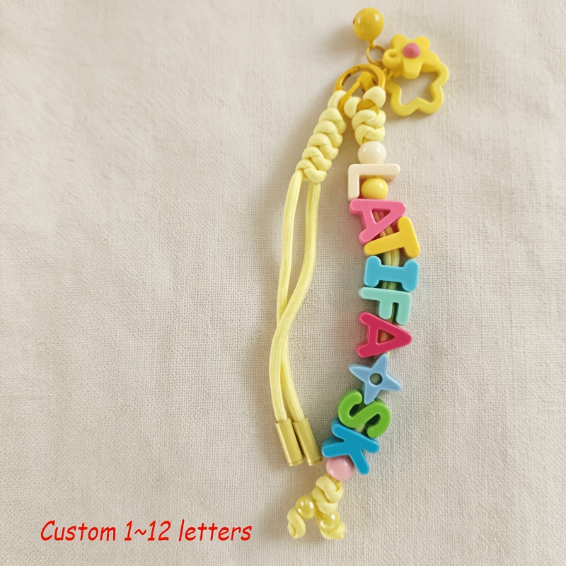 TEMU 2d Flat, 1pc Custom Flower Bell Braided Cord Beaded Bag Charm, Flower Letter Lanyard Keychain, Personalized Colorful Name Keyring, For