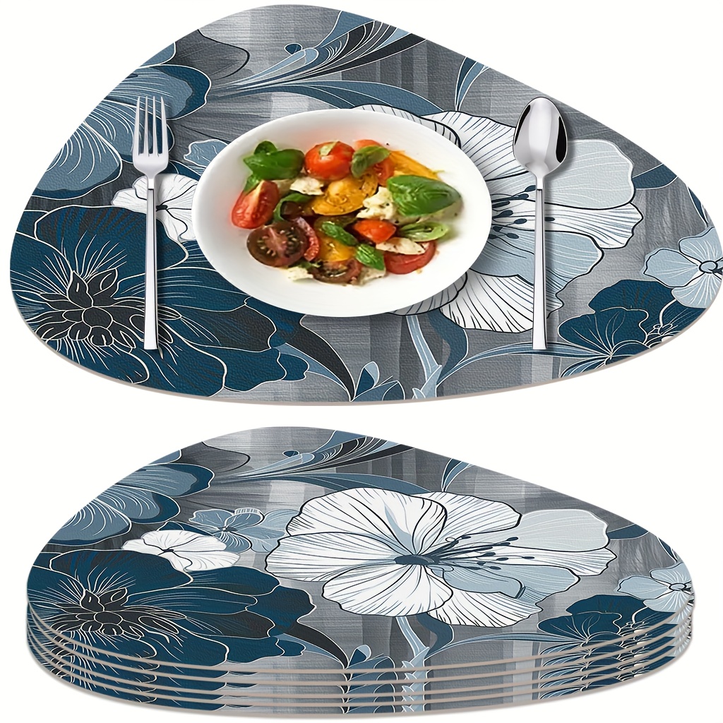 Image of 6pcs Genuine Leather Placemats In Oval, Square, Fan, And Round Shapes, Placemat, Washable Dinner Mat With Navy Blue And White Daisy Design, Stylish Table Decor