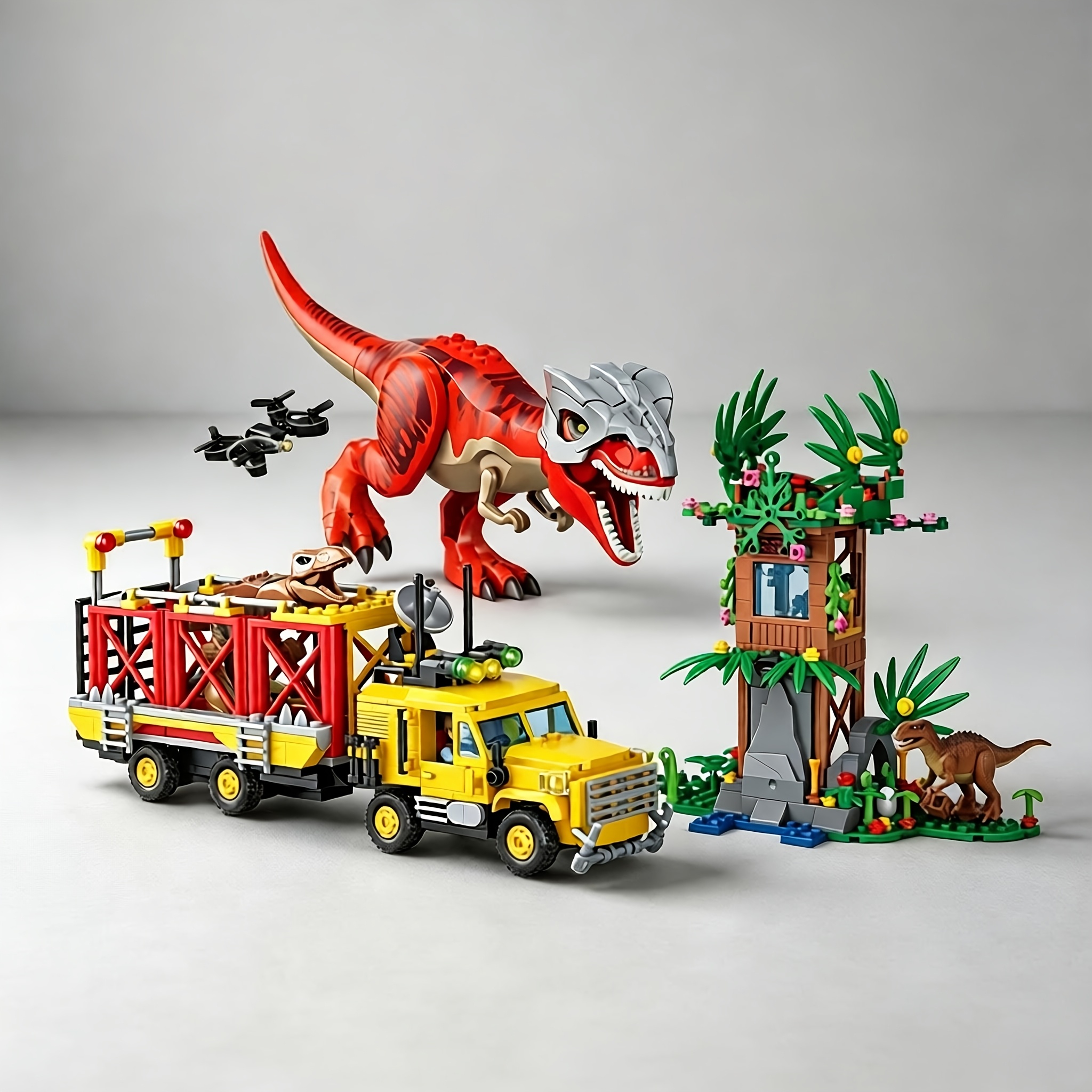 Red T-Rex Attacks Dinosaur Transport Truck Model