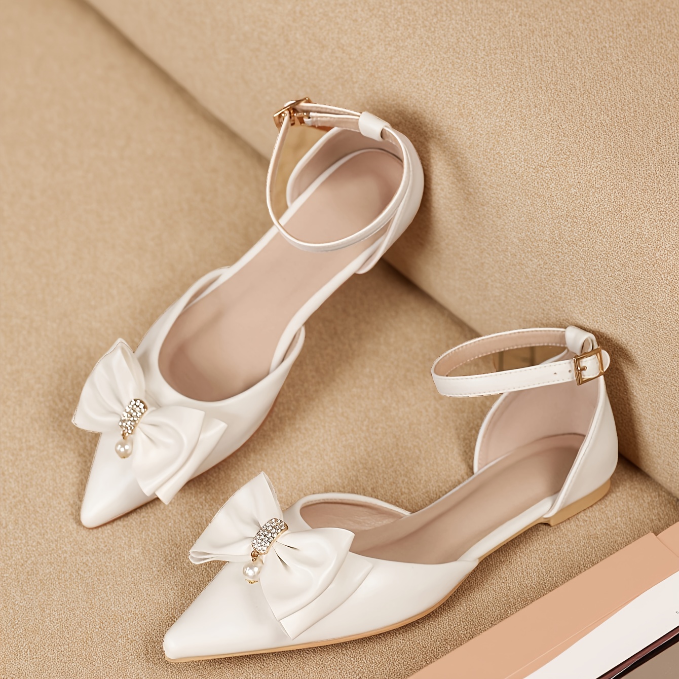 Women's Elegant Mary Jane Flats Pointed Toe with Decorative Bow, White  Cover Shoes for Wedding, Party, Everyday Cushioned Insole Non-Slip T
