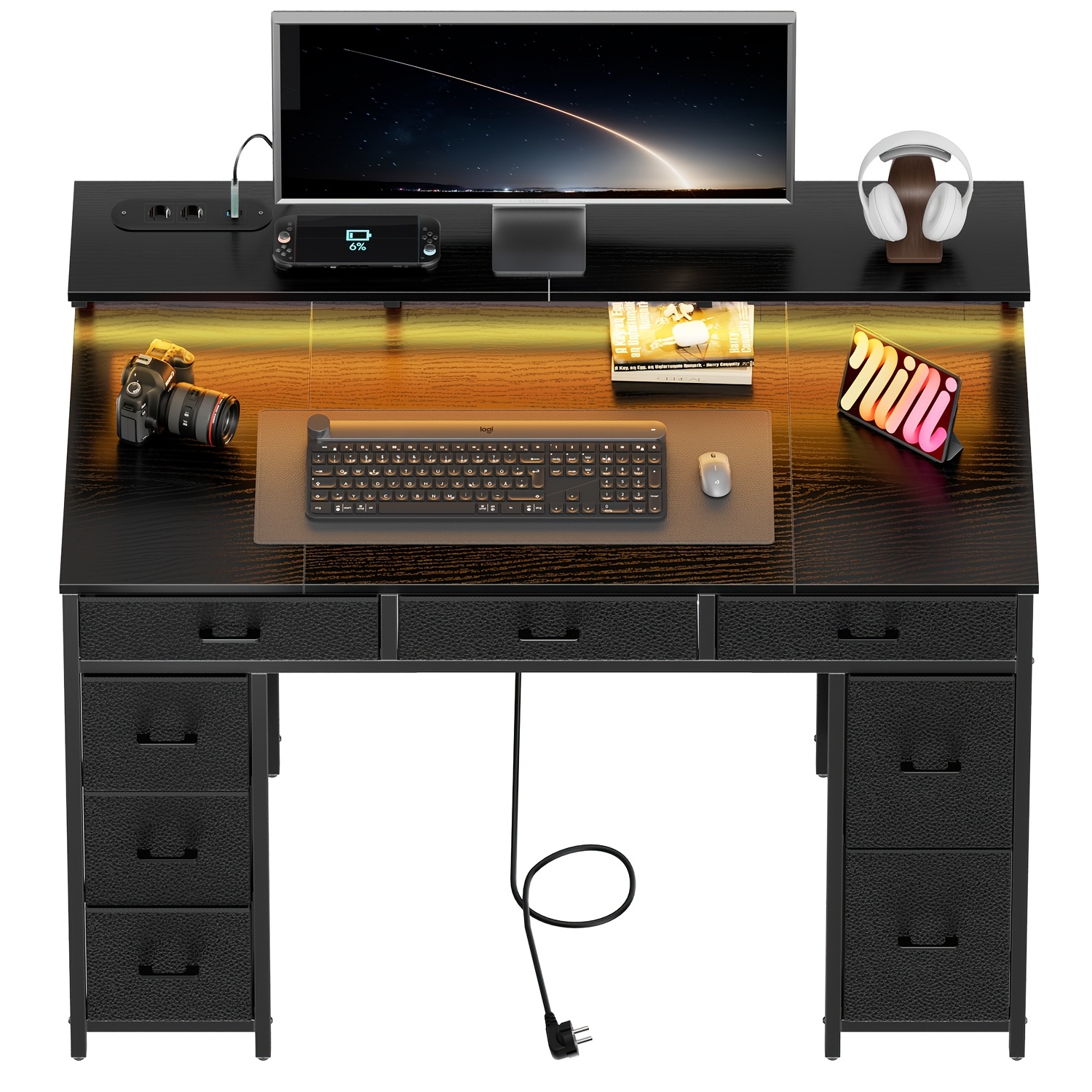 E-shop Hlfurninova Schreibtisch mit 8 Stoff-Aufbewahrungsschubladen, Home Office Schreibtisch mit Monitorständer, Gaming Schreibtisch mit