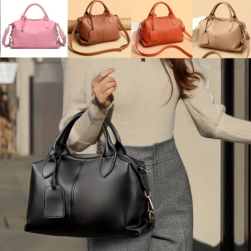 

1pc Boston Style Solid Color Synthetic Leather Tote Bag, Casual Shoulder Messenger Handbag With Zipper Closure, Polyester Lined, Paint Detail - In Black, Pink, Khaki, Orange, Light Brown