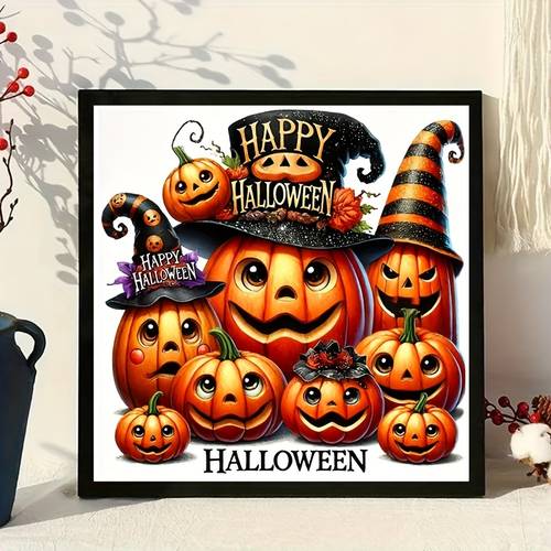 a set of holiday themed 5d diy diamond painting kits happy halloween pumpkin round diamond mosaic art frameless acrylic canvas for room and bedroom wall decoration perfectly suitable as a themed gift for valentines day