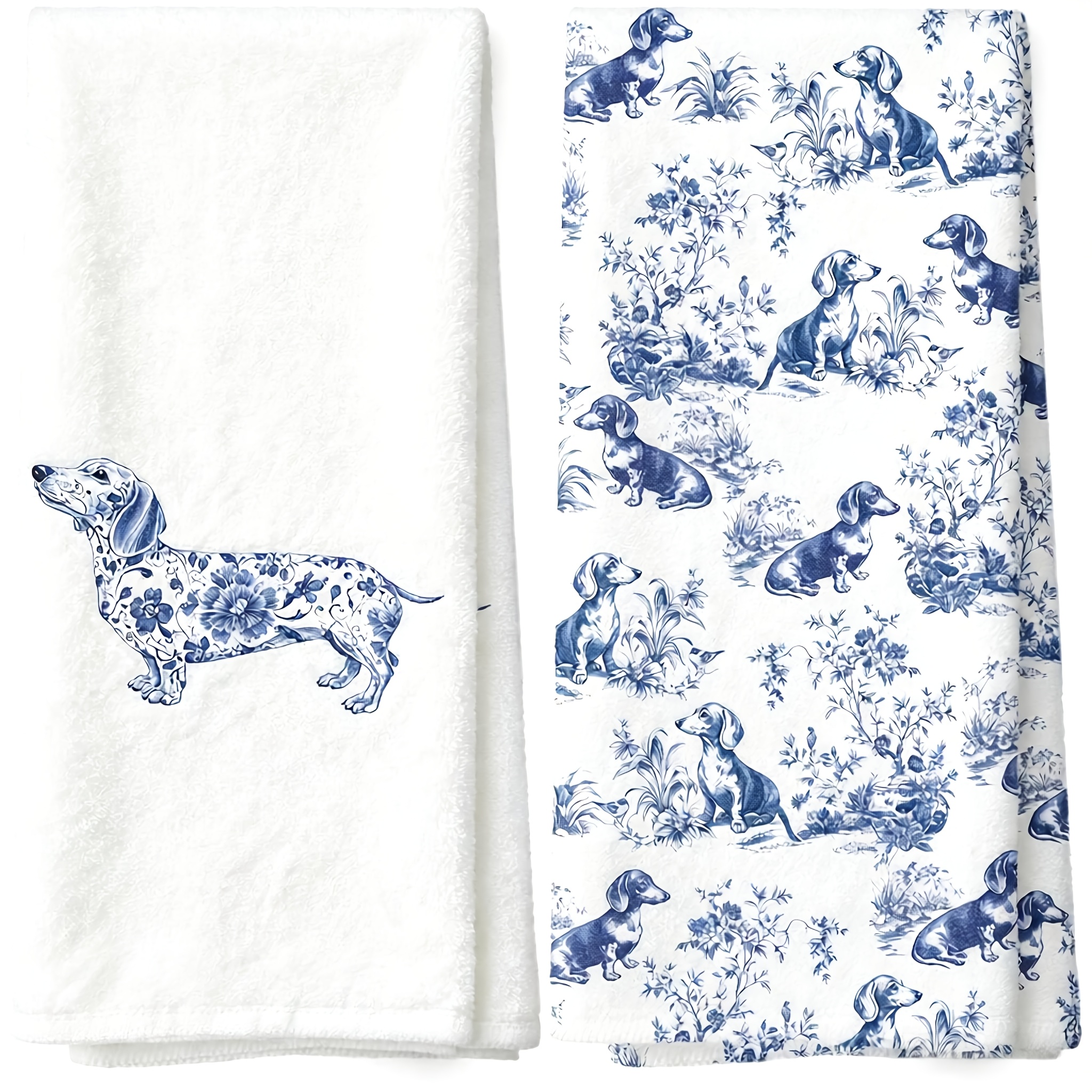 TEMU 2pcs Sausage Dog Print Kitchen Towels, Blue And White Chinese Style Dishcloths, Soft Absorbent Tea Towels For Home Kitchen Decor