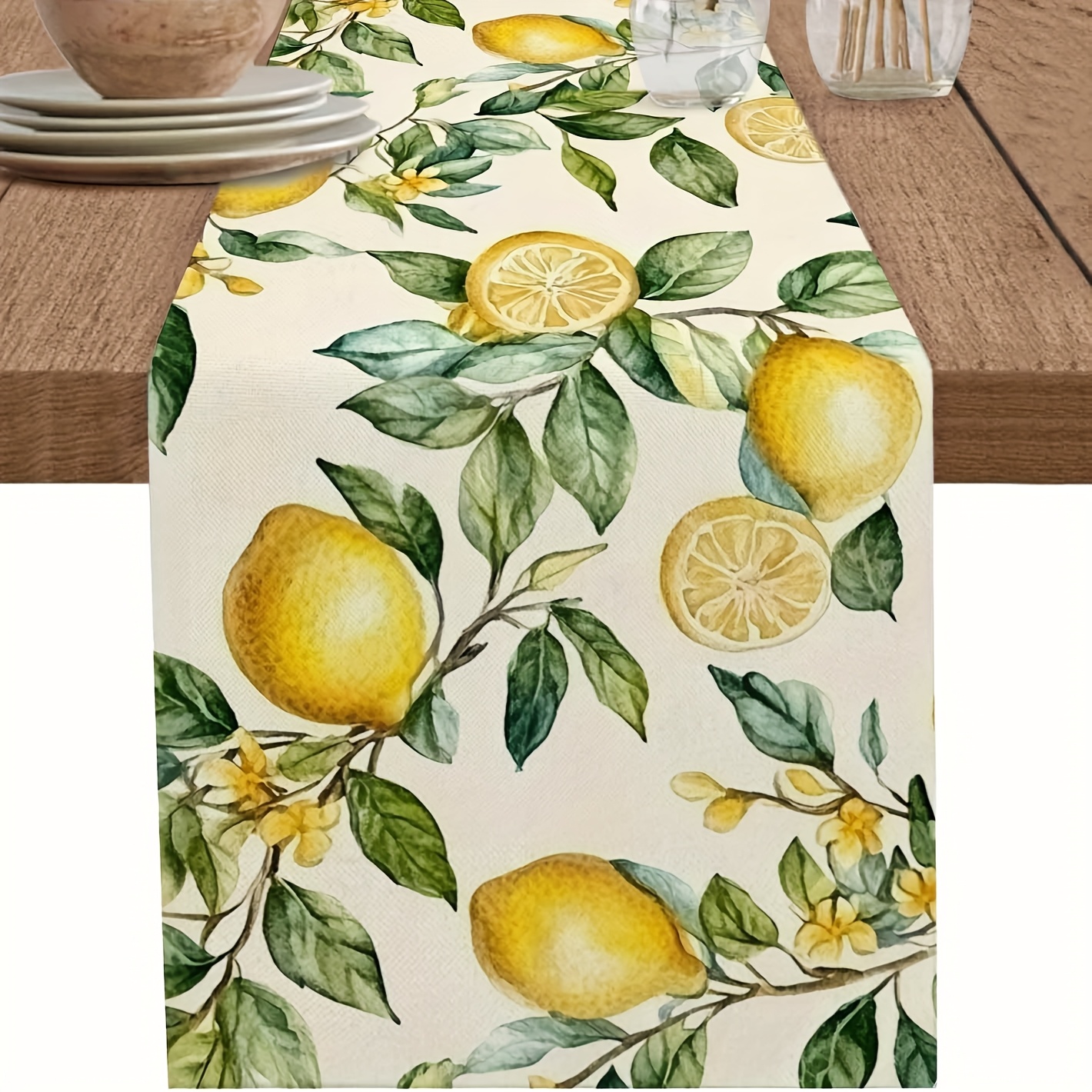 TEMU ., Tischläufer mit Aquarell-Zitronenmuster, grüne Blätter, Sommer-Tischdeko, Küchentisch-Dekoration für Feiertage, geeignet für zu Hause,