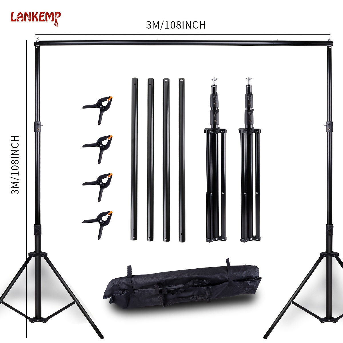 

Ft/3 X 3 M Photo Background Stand, Photography With 4 Clips And Tote Bag, Metal Adjustable Photo Muslin Background Party Stand, Video Studio, Festival Use, Large Size Photo Background Stand Set