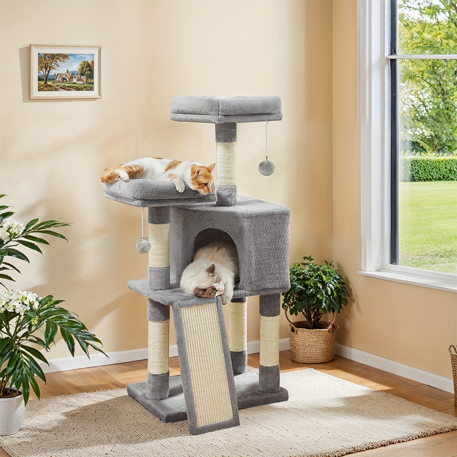 Compact Cat Tower Featuring A Scratching Surface, Elevated Platforms, Designed For , Made Of Soft Plush Material, Standing 115 Cm Tall, With A Post Completely Wrapped In Sisal