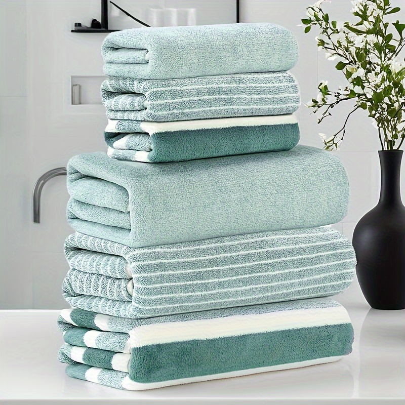 TEMU 6pcs, Striped Thickened Towel And Bath Towel Set, Coral Velvet 3-strip Towel And 3-strip Bath Towel Combination Set, Thickened Absorbent Soft