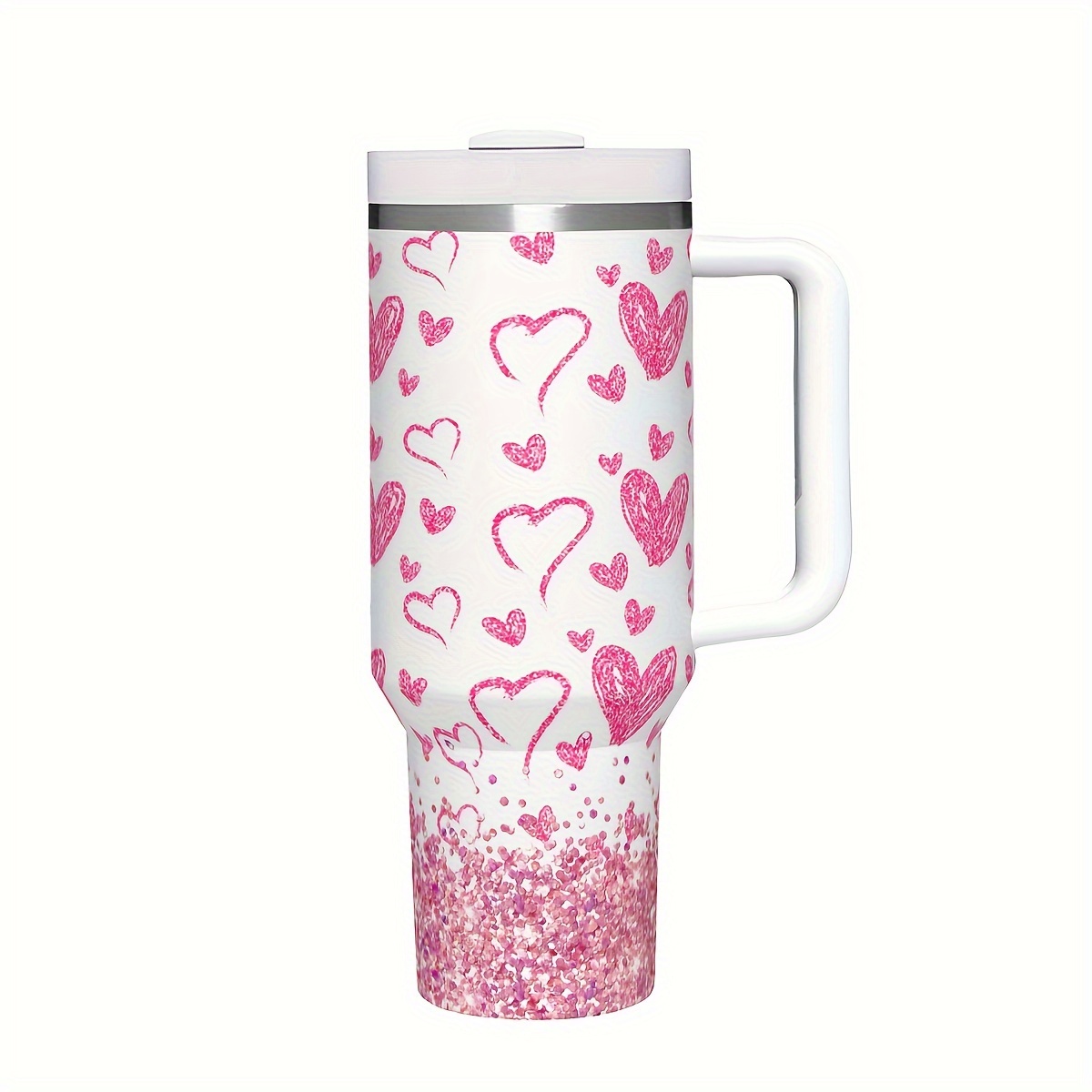 

40oz Insulated Stainless Steel Tumbler With Hearts, Handle & Straw - Ume Brand, Bpa-free, Leakproof Lid, Ideal For Beverages, Hand Wash - 1 Pack