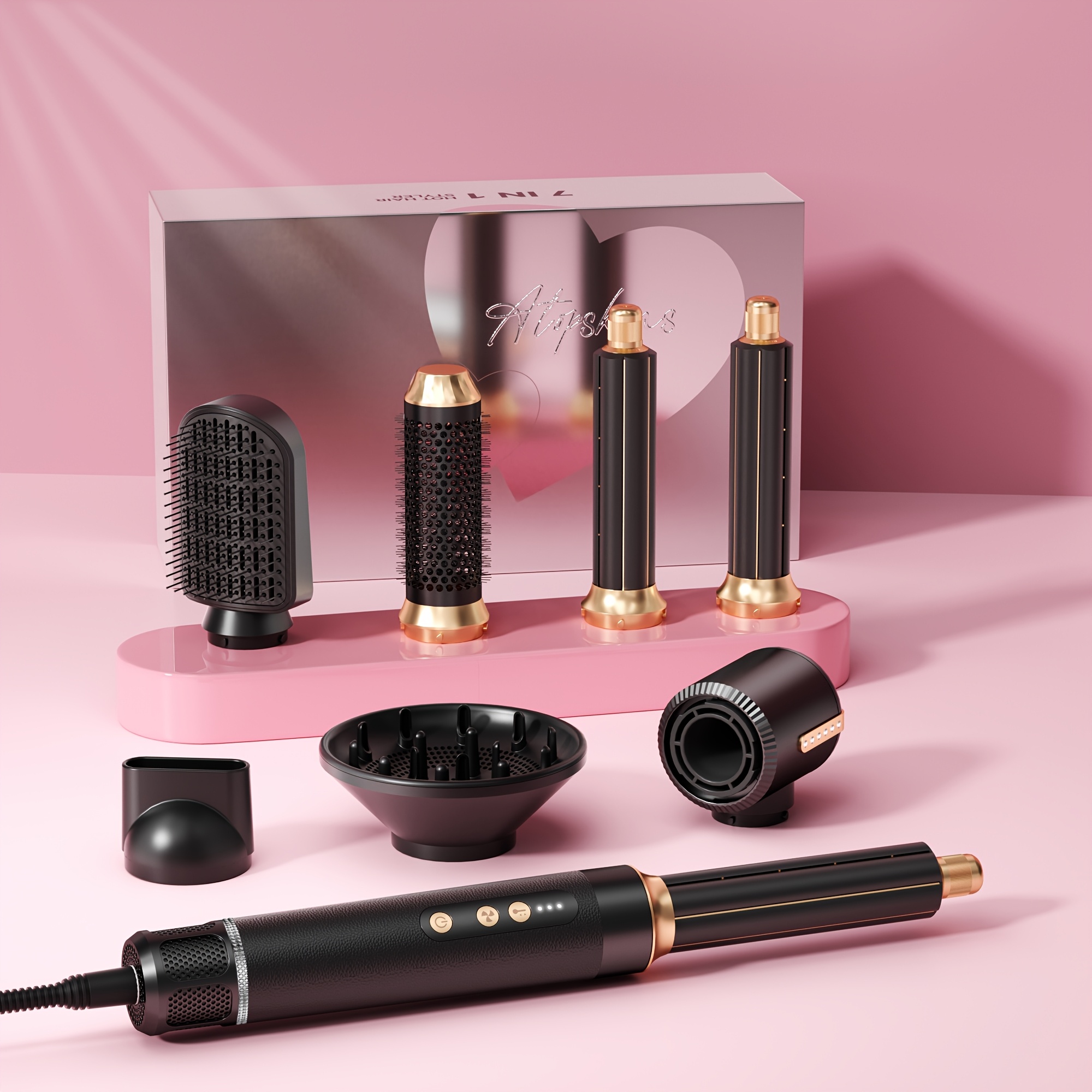 Image of 7-in-1 Hot Air Brush, Fast Drying Blow Dryer Curler Straightener Volumizer, Interchangeable Styling Brush For All Hair Salon Travel