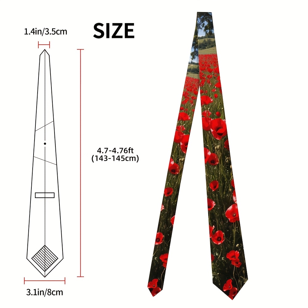 TEMU 1pc, Men's Neck Tie, Design Featuring A Red Poppy Field Landscape, Vibrant Printed Tie For All Genders, Machine Washable Polyester, Ideal For