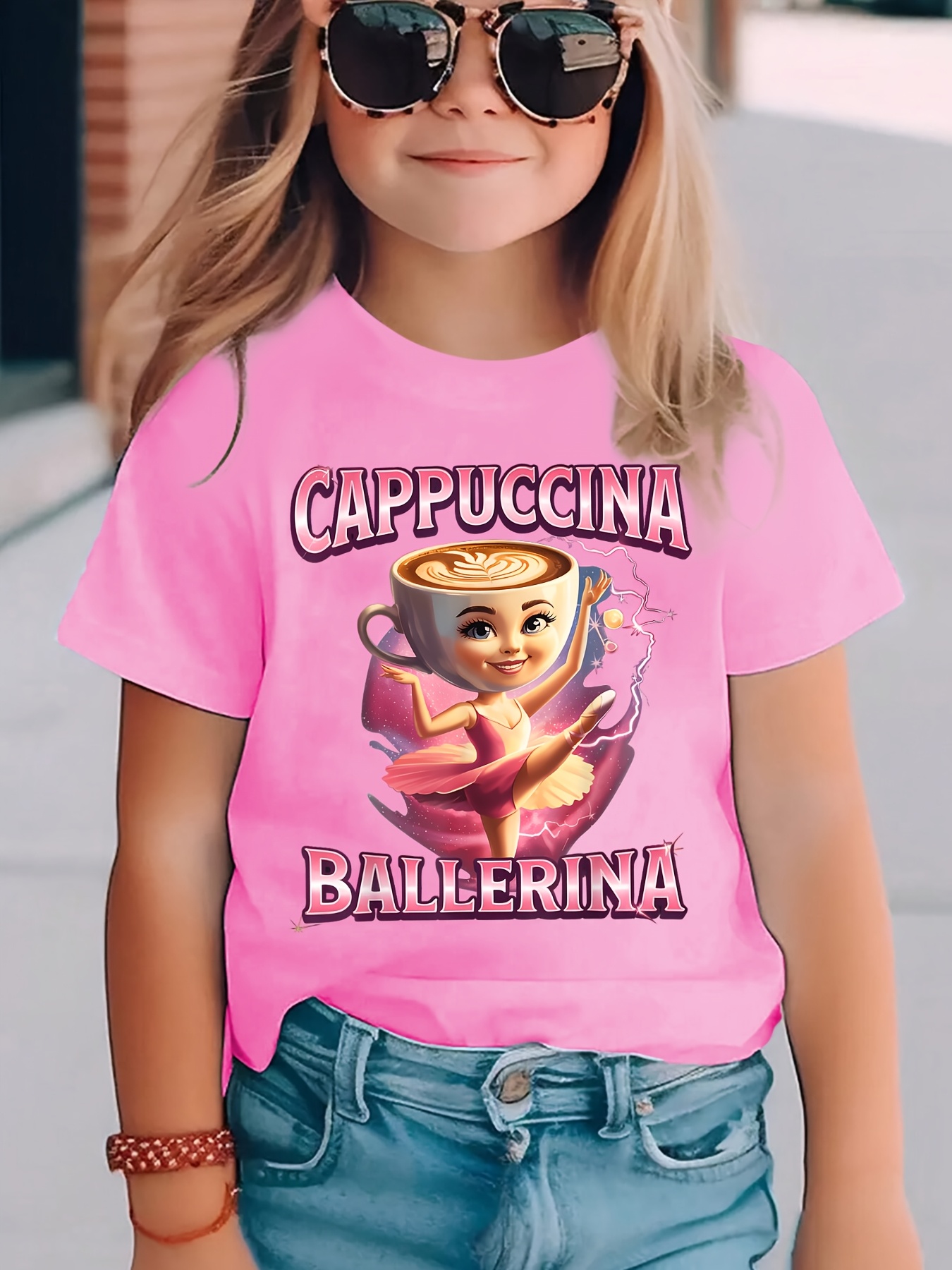 Лятна Модна Момичешка Тениска с Къс Ръкав Италианска Мозъчна Рот CAPPUCCINA BALLERINA Happy Cappuccino Ballerina Анимационен Принт Ежедневен Топ NY-DX8168