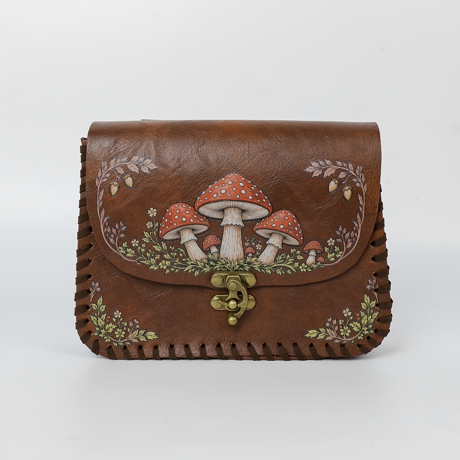 TEMU 1pc Halloween Witchy Mushroom Print Crossbody Bag, Boho Forest Botanical Satchel Purse With Metal Toggle Lock, Edge Shoulder Bag For Women,