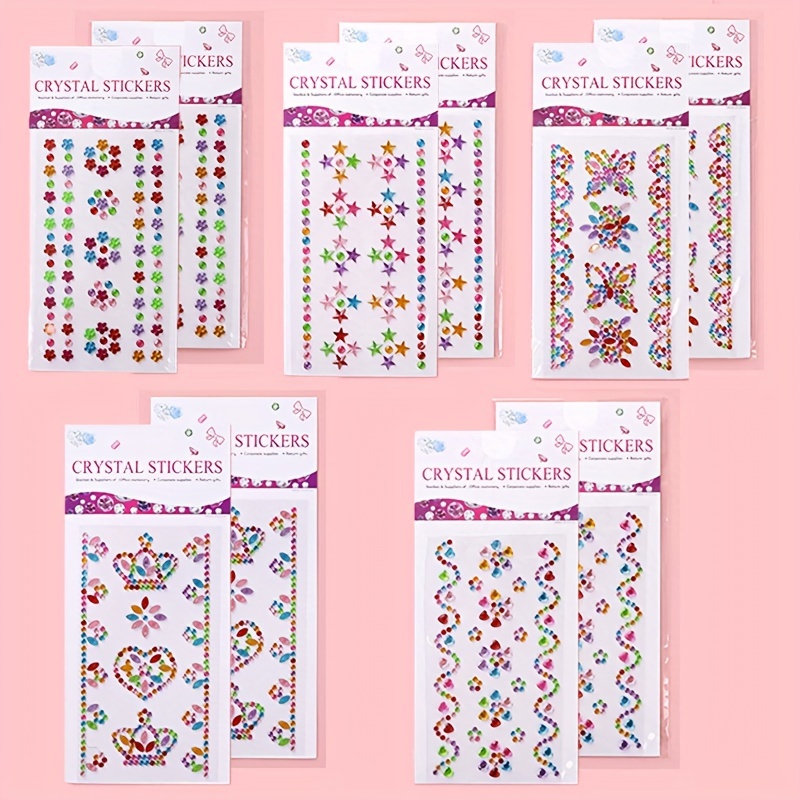 5/10sheets Pattern Colorful 3d Crystal Rhinestone Diamond Stickers Decorative Diy Material Artificial Gemstone Decals, /leaf//crown/love Heart/ Star/pearl Pattern Mini Acrylic Gem Stickers Set