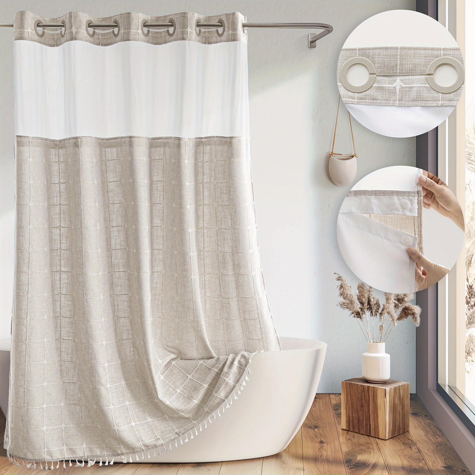 

No Hook Farmhouse Shower Curtain With Snap-in Liner, With Tassels And Magnets, Water Repellent, 71x74 Inch