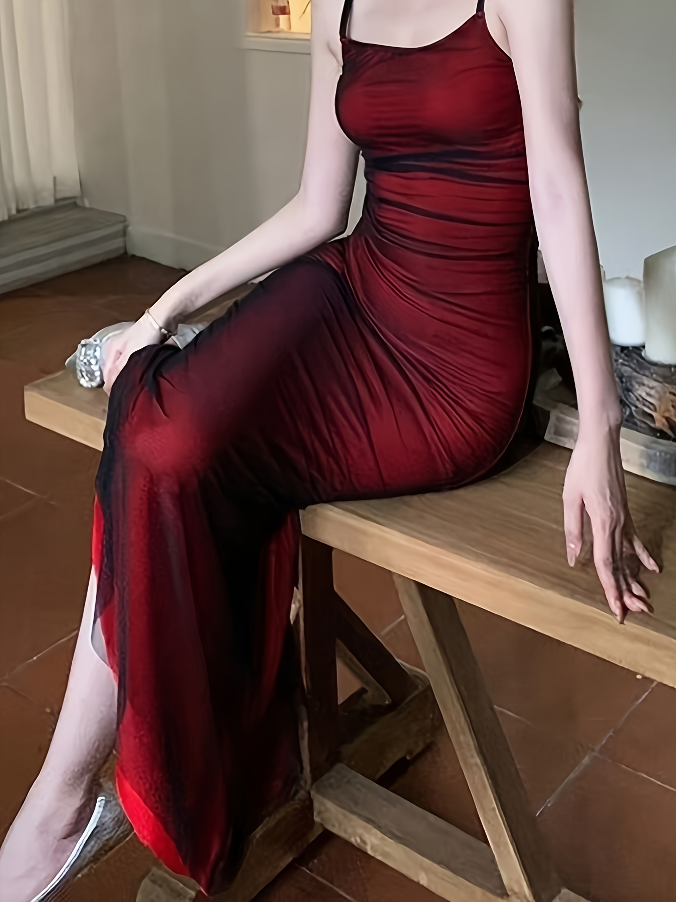 silk rust dress Rust Orange Deep V Neck Pleated Satin Straps Long Bridesmaid Dress with  Slit