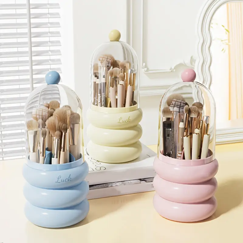 1pc rotating makeup organizer with brush holder multi compartment cosmetic office storage box durable plastic countertop organizer for bathroom vanity desk space saving design for pens brushes toothbrushes makeup brushes makeup vanity desk polished sturdy construction home organizers material home organizers Product details 0