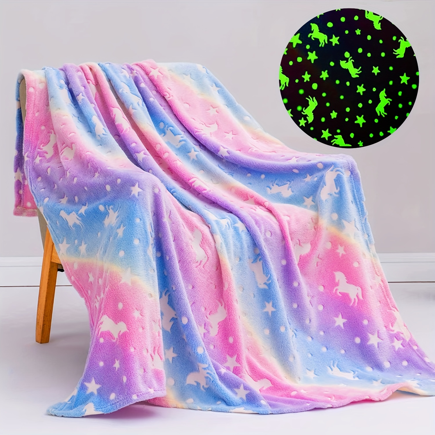 

1pc Glow In The Dark Rainbow Unicorn Blanket, Flannel Blanket For Sofa Bed Car Office, All Blanket Birthday Gift For Boys Girls Kids