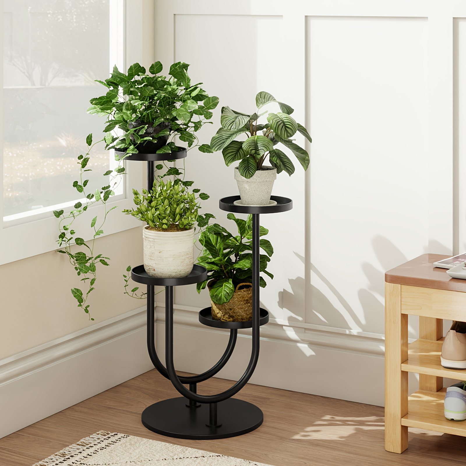TEMU Four- Metal Corner Plant Rack - Contemporary Space- Shelf For 4 Potted Plants - Indoor Vertical Garden Decoration For Living Room, Bedroom, And